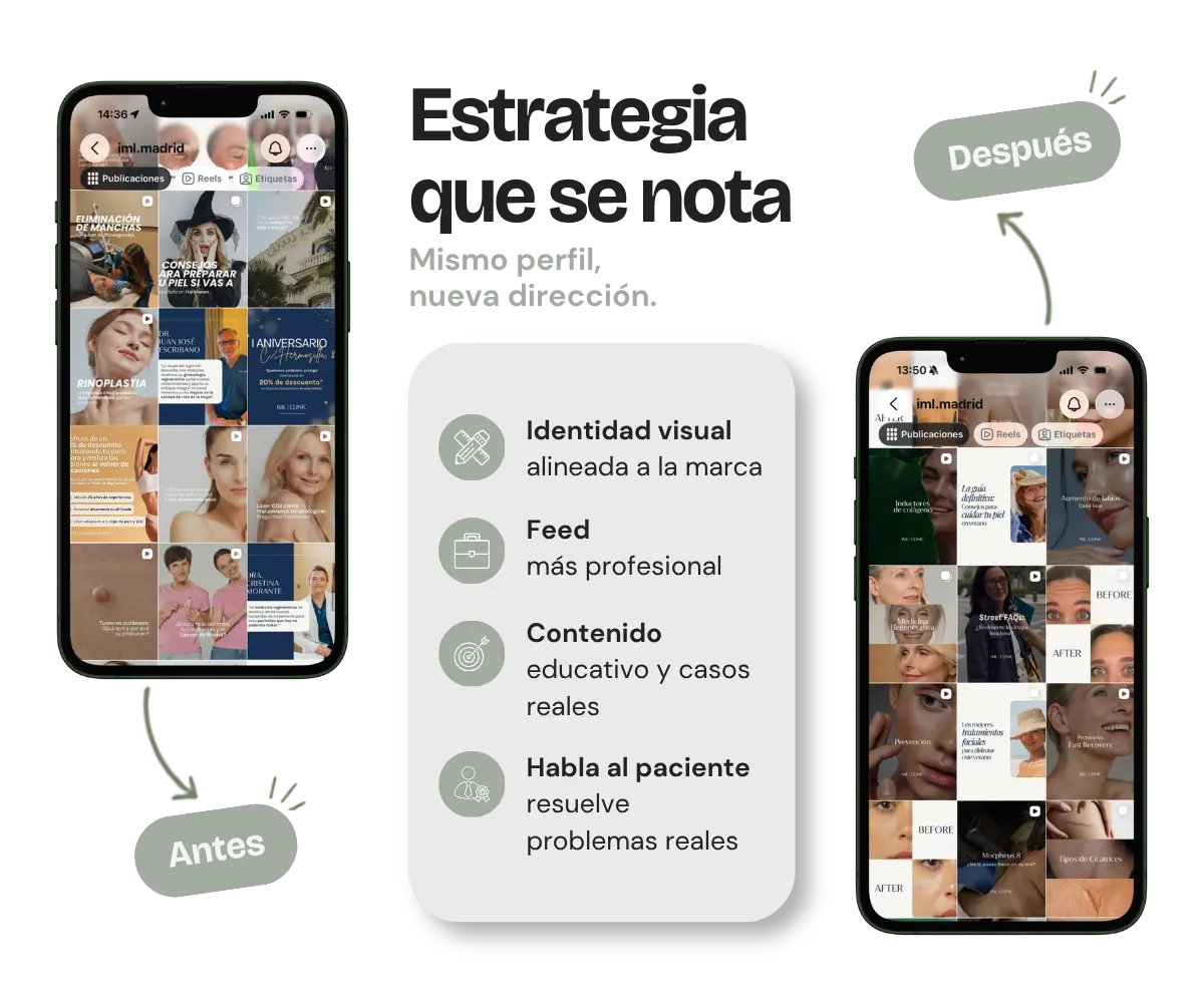 Feed de antes y después de tratamientos estéticos gestionado por Paula San Román